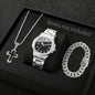 3PCS Fashion Men Business Watches Bracelet Necklace Set Square Dial Stainless Steel Band Quartz Watch with Calendar（Without Box）