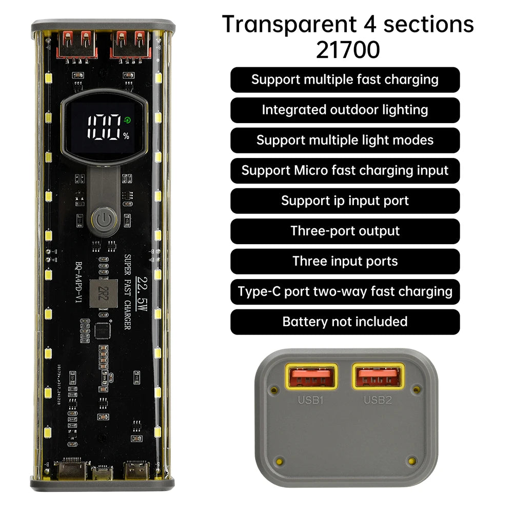 4*21700 DIY Power Bank Case PD22.5W Transparent Quick Charge Battery Box LED Screen Battery Case Kit With Light For Huawei