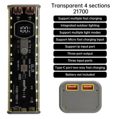 4*21700 DIY Power Bank Case PD22.5W Transparent Quick Charge Battery Box LED Screen Battery Case Kit With Light For Huawei