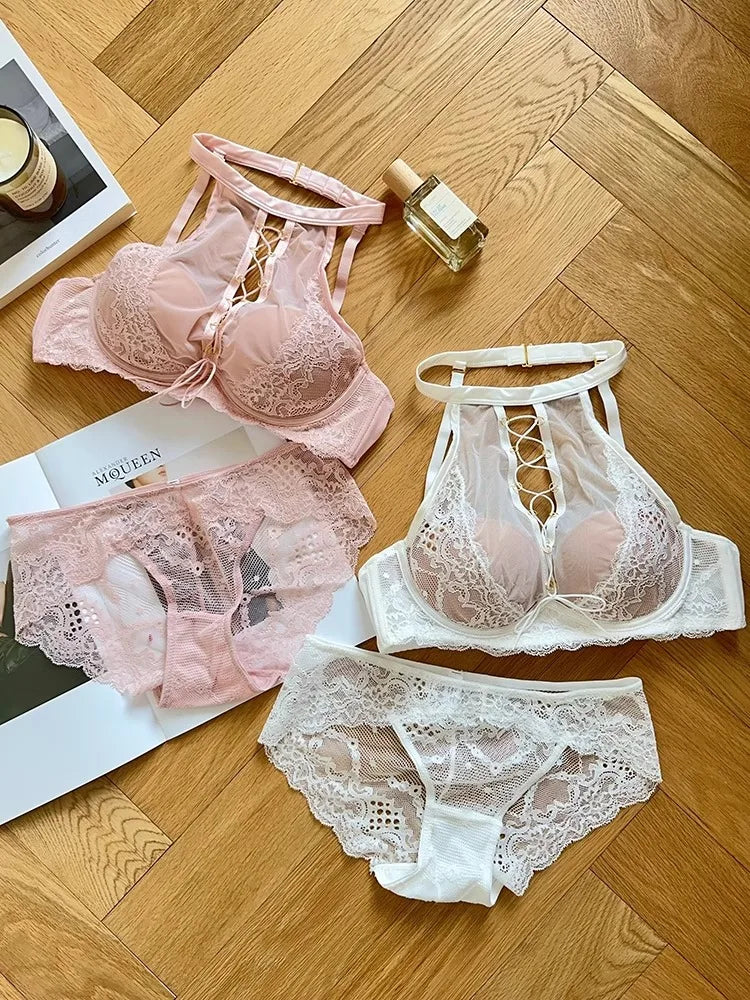 Luxury French Lace Halter Bra Small Chest Push-Up Sheer Bralette Seductive Allure Black Lingerie Set Wire-Free Comfort MOYISU AB