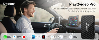 Ottocast Play2Video Pro 2026 Wireless Android Auto & CarPlay AI Box In-Car Video Streaming YouTube Netflix IPTV USB Plug & Play