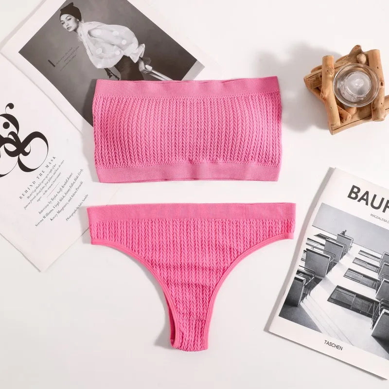 Women Strapless Bra And Panties Set Sexy Lingerie Push Up Bra Top Female Rib Tube Bra Low Waist Seamless Underwear Set