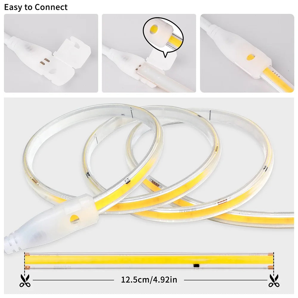 220V COB LED Strip Light 296 LEDs/m High Brightness Waterproof Flexible LED Tape Ribbon for Room Kitchen Outdoor Lighting 230V