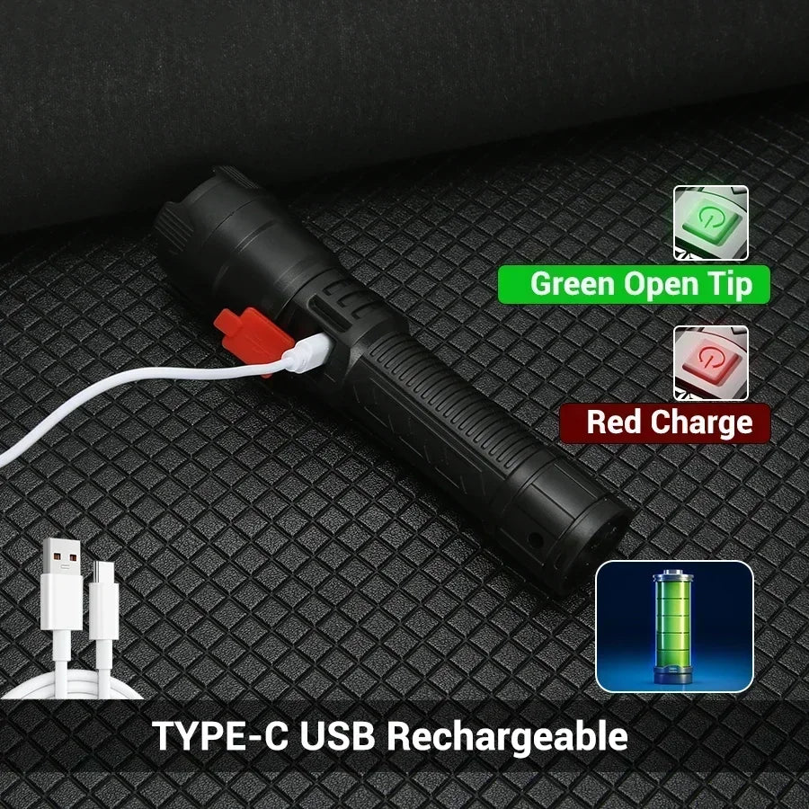 10000LM High Power LED Flashlight Long-range USB C Rechargeable Flashlight Power Display Zoom Lantern For Outdoor Camping Torch