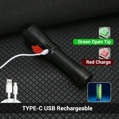 10000LM High Power LED Flashlight Long-range USB C Rechargeable Flashlight Power Display Zoom Lantern For Outdoor Camping Torch