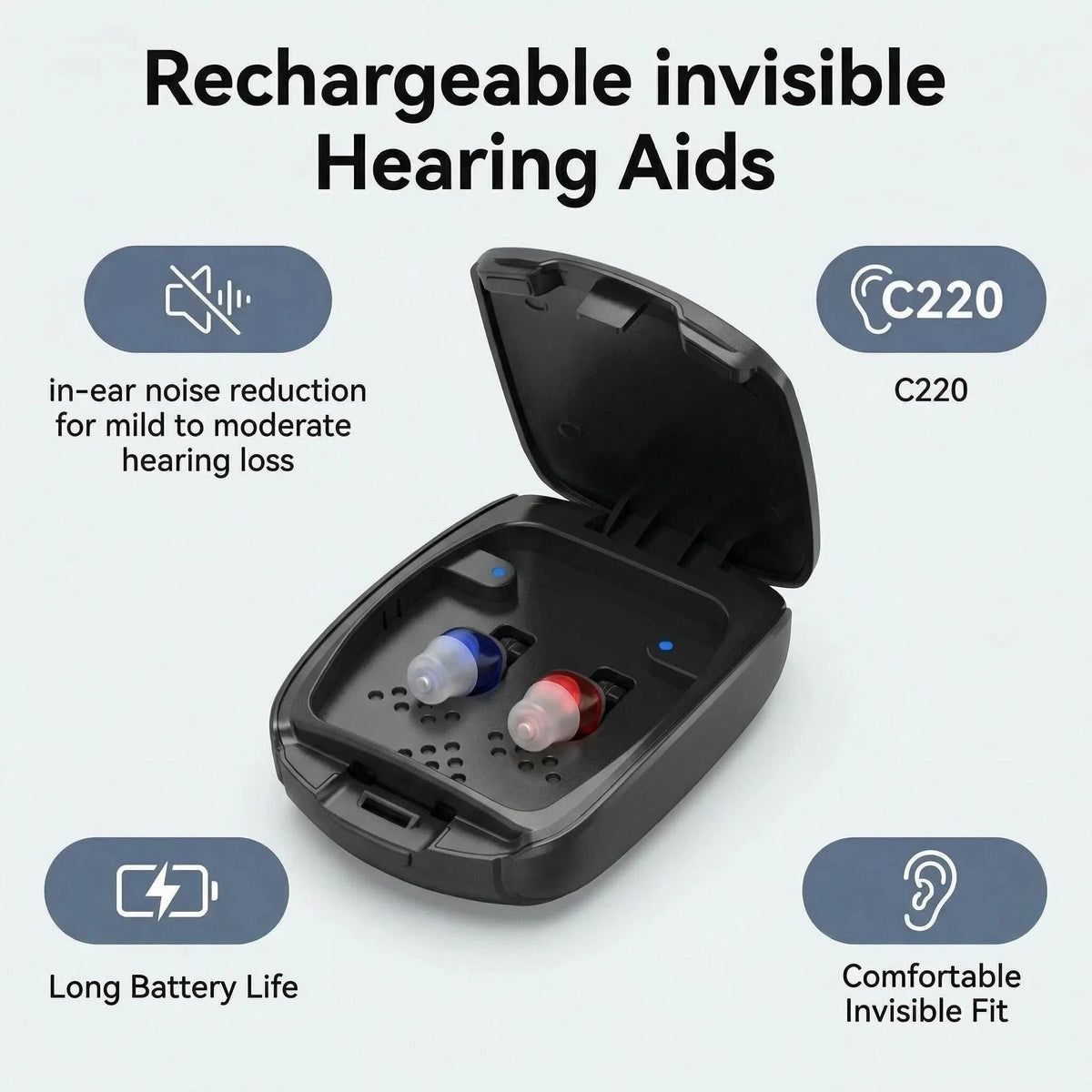 Rechargeable Invisible Hearing Aids C220 In-Ear Noise Reduction with Drying Function for Mild to Moderate Hearing Loss