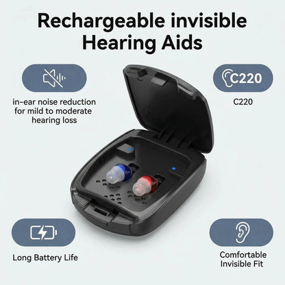 Rechargeable Invisible Hearing Aids C220 In-Ear Noise Reduction with Drying Function for Mild to Moderate Hearing Loss