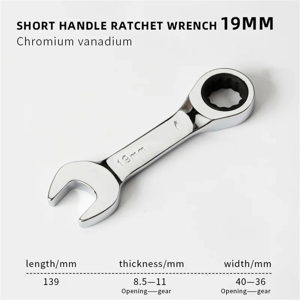 1Set 6mm-19mm Reversible Combination Stubby Single Wrench Stubby Combination 72 Tooth Ratchet Socket Spanner Nut Repair Tools