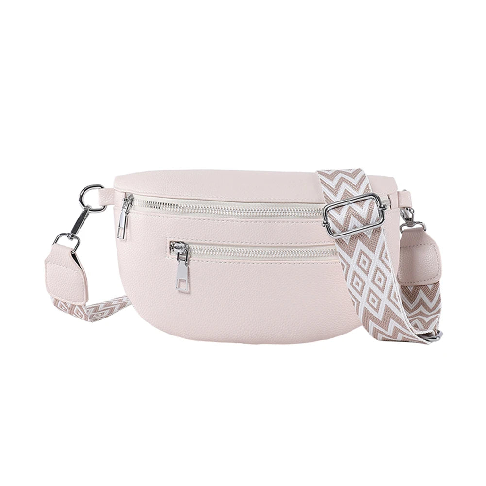 2024 Luxury Designer Women's Chest Bag PU Leather Wide Strap Shoulder Crossbody Bag Female Fashion Fanny Pack Banana Waist Bag