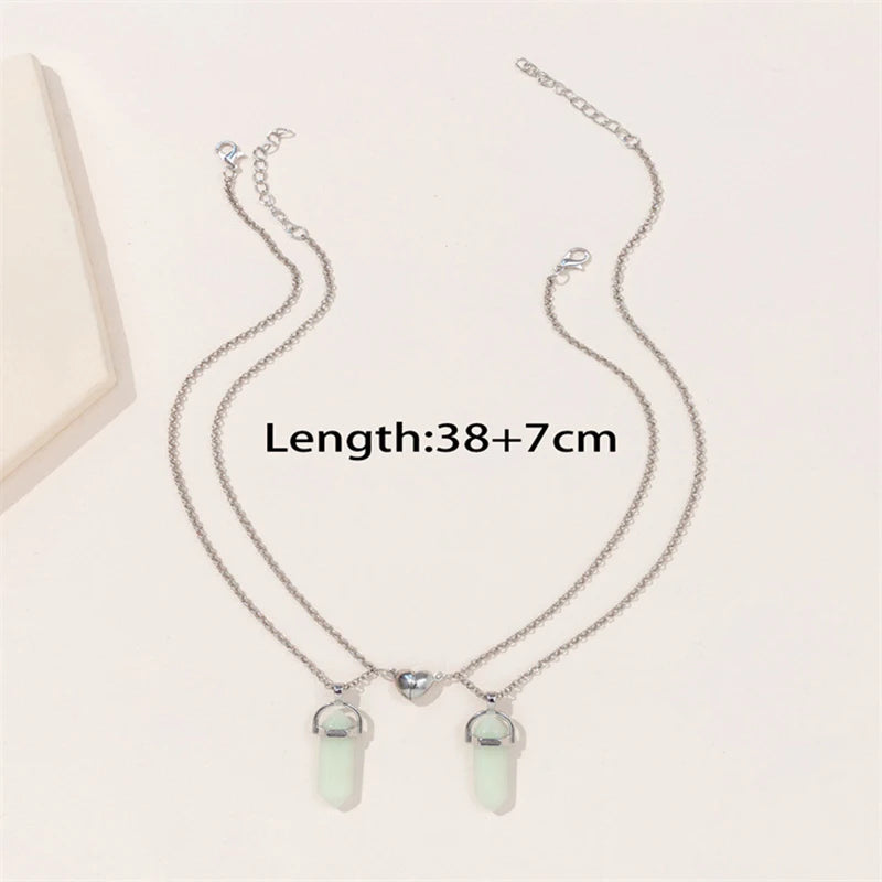 2Pcs/Set Luminous Hexagonal Column Heart Pendant Couple Magnetic Necklace Natural Stone Geometric Pendant Necklace Jewelry Gifts