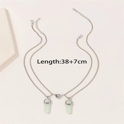 2Pcs/Set Luminous Hexagonal Column Heart Pendant Couple Magnetic Necklace Natural Stone Geometric Pendant Necklace Jewelry Gifts
