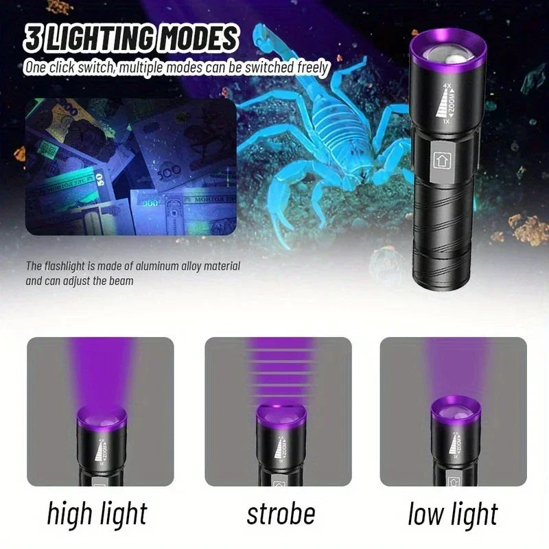 395nm LED UV Flashlight Rechargeable Zoomable Torch Light for Pet Urine Stain Detector Tools Lantern Money Fluorescer Detector