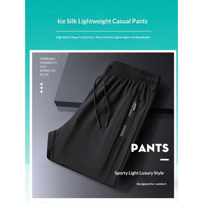 Men's Ice Silk Quick Dry Pants Lightweight Breathable Casual Trousers Elastic Waist Drawstring Sports Pants with Zipper Pockets