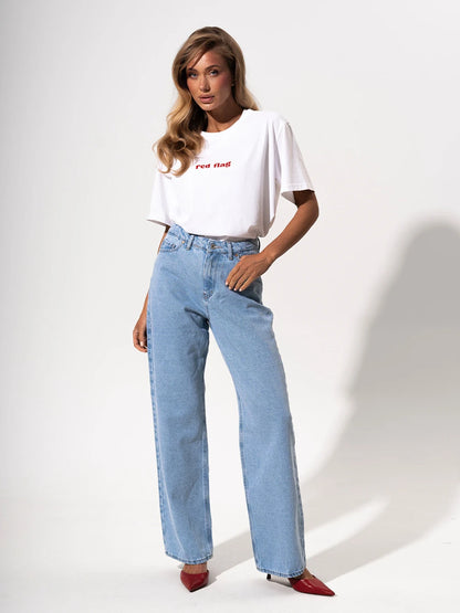 Red Flag T-Shirt Letter Print Women's T-Shirt Cotton Simple Design Summer Fashion Tee Boutique Drop Sleeve