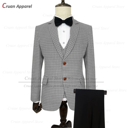 Classic Brown Suit Sets For Men Fashion Checkered Blazer Vest Pants 3 Pieces Formal Party Tailor-made Elegant Slim Fit Costumes