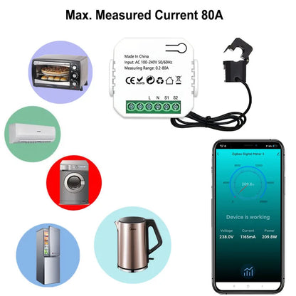 Smart ZigBee Energy Meter 80A with Clamp App Monitor KWh Voltage Current Power Consumption 110V 240V Support ZigBee2MQTT