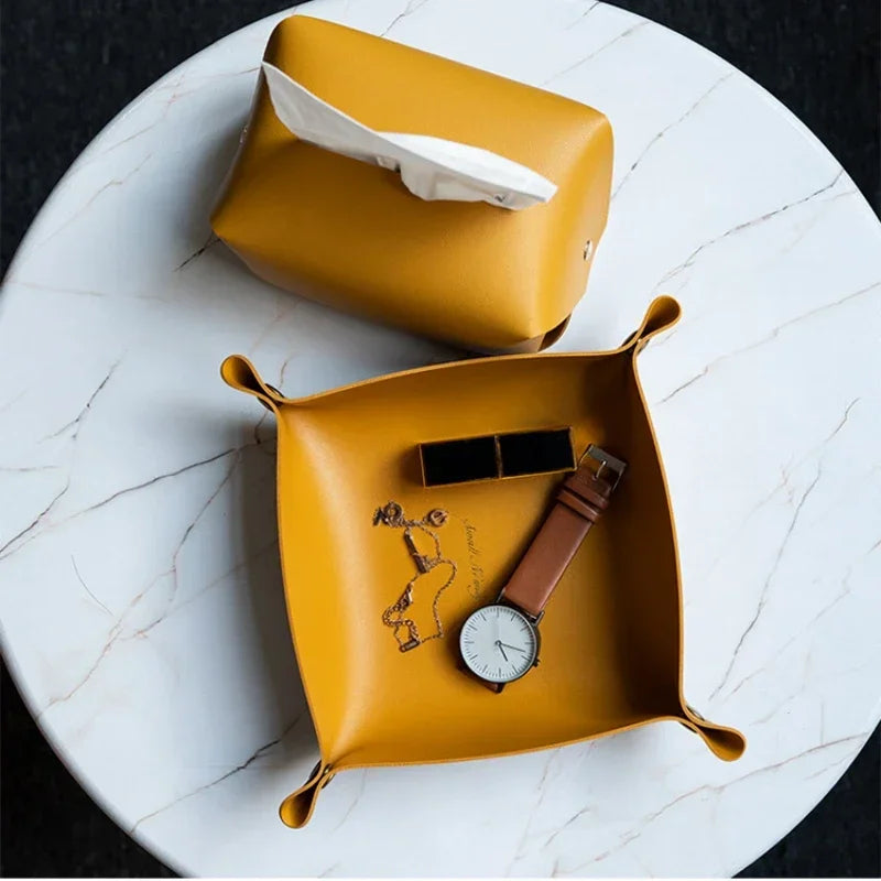 Nordic Leather Desktop Storage Tray Pu Leather Jewelry Cosmetic Key Storage Tray Desktop Folding Organizer Storage Box For Home