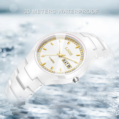 LIGE Women's wristwatch elegant women's watch ceramic quartz waterproof clock week calendar fashion Watch for Women reloj mujer