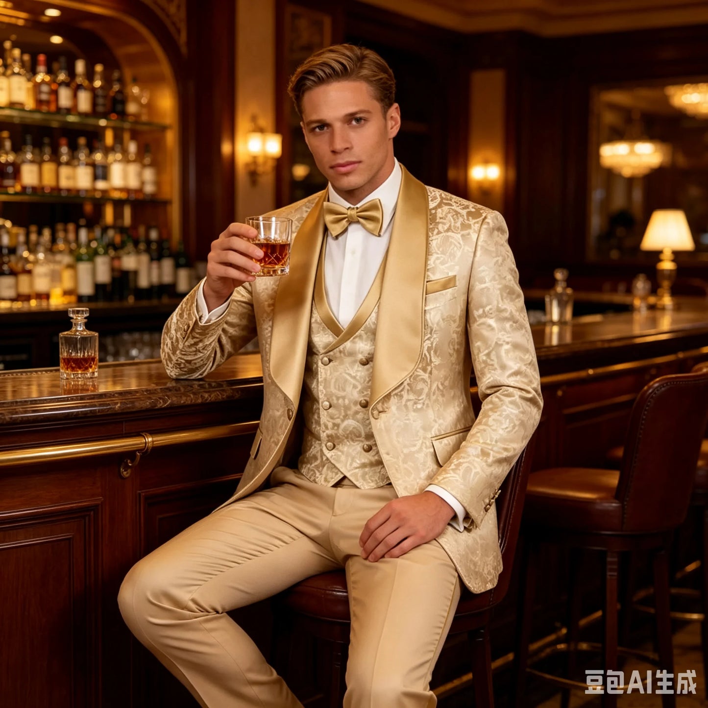 3 Pieces Champagne Jacquard Wedding Tuxedo for Groom Slim Fit Men's Formal Suits with Blazer Vest Pants Set for Prom Party Outfi