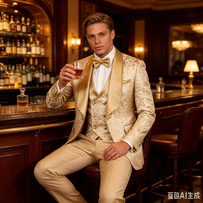 3 Pieces Champagne Jacquard Wedding Tuxedo for Groom Slim Fit Men's Formal Suits with Blazer Vest Pants Set for Prom Party Outfi