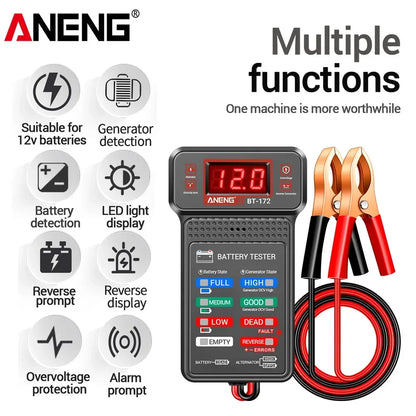 Car Battery Load Tester ANENG BT-172 Voltage Meter Gauge Digital Display Car Battery Monitor Amp Meter with Alligator Clips Tool