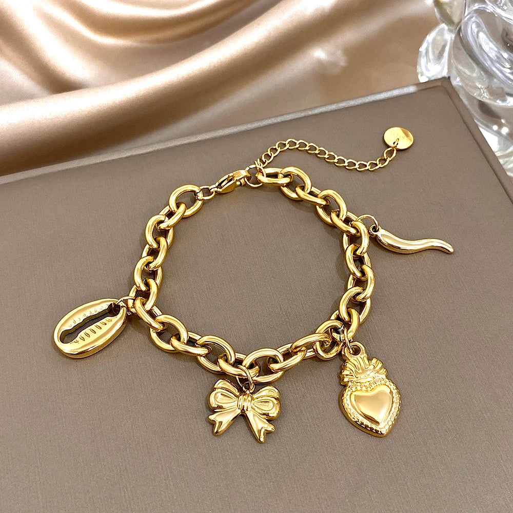 Fashion Gold Plated Stainless Steel Chain Bracelet for Women Cute Star Heart Cherry Tassel Charms Bracelets Waterproof Jewelry