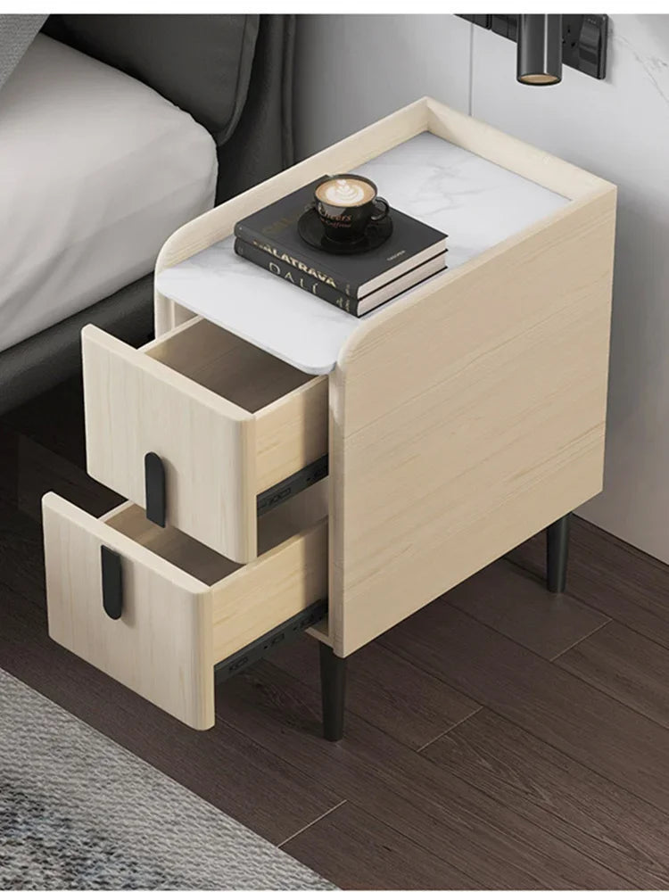 Moder Style Wooden Bedside Table Mini Narrow Leather Bedroom Nightstand Side Storage Cabinet with 2 Drawers Hotel End Table