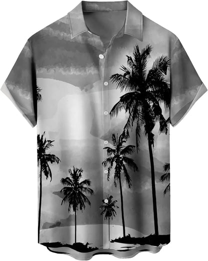 Summer Men's Gradient Sketch Coconut Tree 3D Printed Shirt, Vintage Hawaiian Tropical Quick Drying Loose Shirt