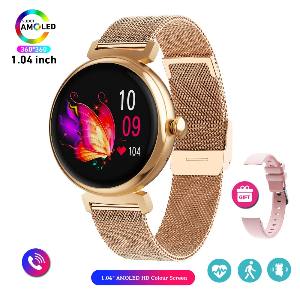 Bluetooth Call Smart Watch Screen Always Display 1.04 inch AMOLED Screen Fashion Ladies Smartwatch Metal Body Small Screen Watch