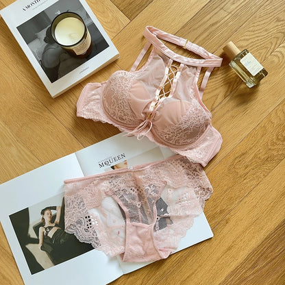 Luxury French Lace Halter Bra Small Chest Push-Up Sheer Bralette Seductive Allure Black Lingerie Set Wire-Free Comfort MOYISU AB