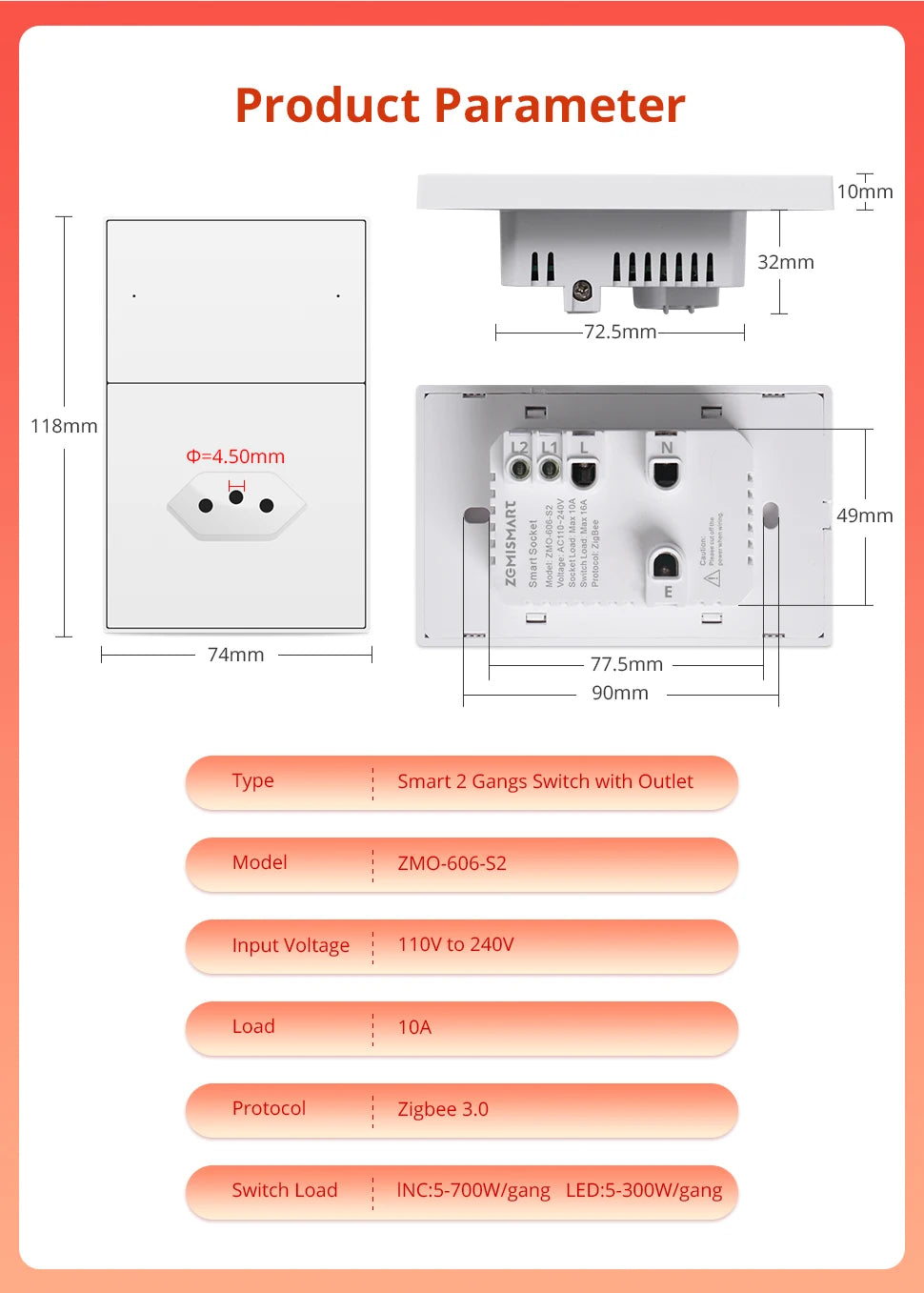 Zemismart Zigbee Brazil Outlet 10A 20A Brazilian Socket Work with Tuya Smart life Google Home Smartthings Homekit Control via M6