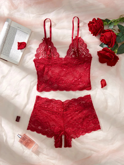 Women Black Open-Back Lace Two-Piece Panties Underwear Sleep Set