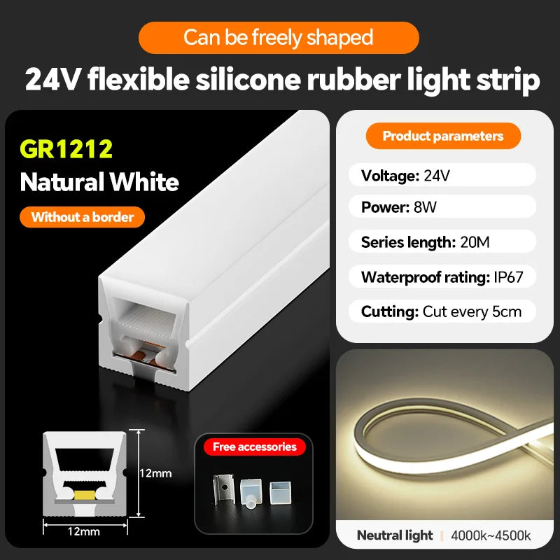 LED flexible silicone light strip embedded 24V waterproof tubing linear lamp concealed installation flexible soft light strip