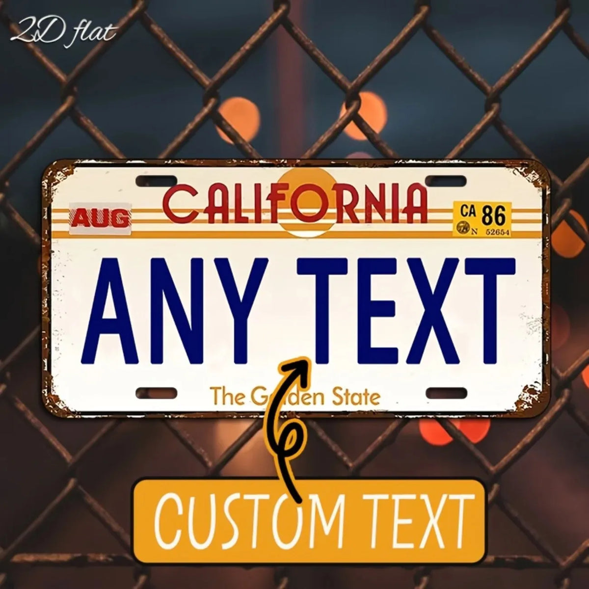 2D Flat Personalized California Custom Metal License Plate, Dustproof Waterproof for Home Car Wall Garage Decor (Decor Only)