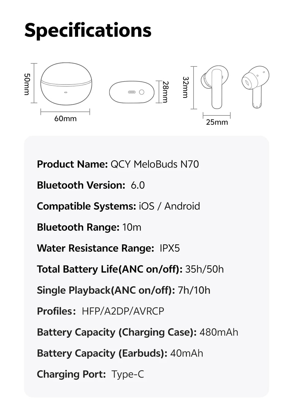 QCY MeloBuds N70 Adaptacyjne ANC Bezprzewodowe słuchawki douszne Bluetooth 6.0 LDAC Hi-Res Audio 6 mikrofonów Ładowanie bezprzewodowe Słuchawki 50 godzin IPX5