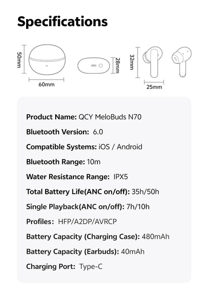 QCY MeloBuds N70 Adaptacyjne ANC Bezprzewodowe słuchawki douszne Bluetooth 6.0 LDAC Hi-Res Audio 6 mikrofonów Ładowanie bezprzewodowe Słuchawki 50 godzin IPX5