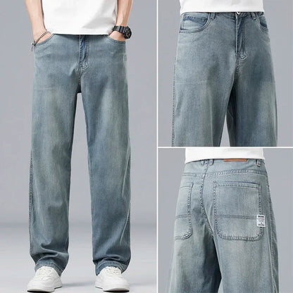 Lyocell Ultra-thin Summer Men's Jeans Elastic Ice Silk Drape Soft Loose Pants Straight Casual Denim Male Clothing Trousers