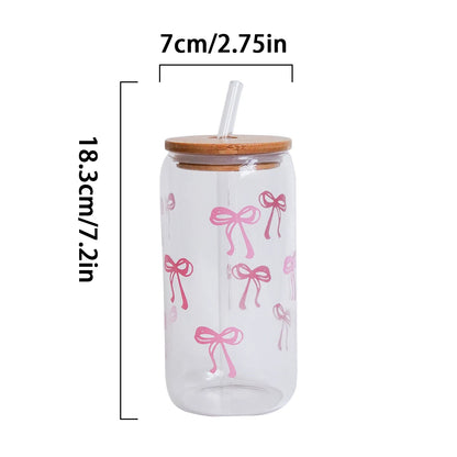 1/2/4/6Pcs Glass Cups with Bowknot Print, with Lid and Straw, Exquisite and High-End Bowknot Glass Cups, Suitable for Home Decoration, Daily Household Drinking Cups, Outdoor Picnic Cups, Party Cups, Breakfast Milk Cups, Gift-