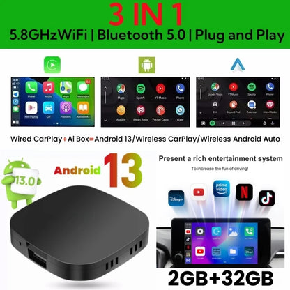 2026 Android13 CarPlay Ai Box Kowankit Wireless Android Auto 3in1 USB Adapter For Youtube Netflix Universal TV Box Plug And Play