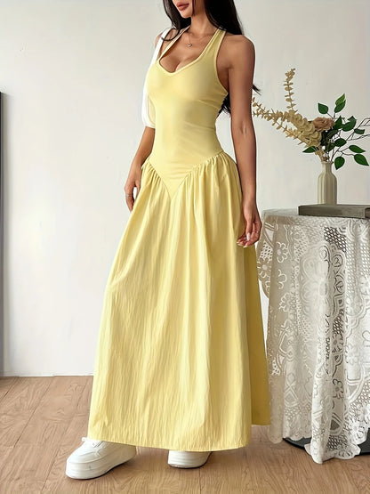 2026Women Yellow Halter Neck Maxi Dress Sleeveless V-Neck Backless A-Line Long Dress Casual Summer Elegant Beach Party Dresses