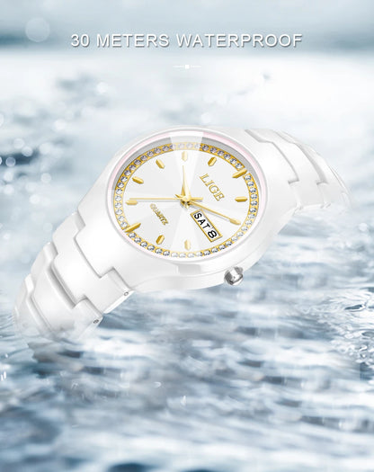 LIGE Women's wristwatch elegant women's watch ceramic quartz waterproof clock week calendar fashion Watch for Women reloj mujer