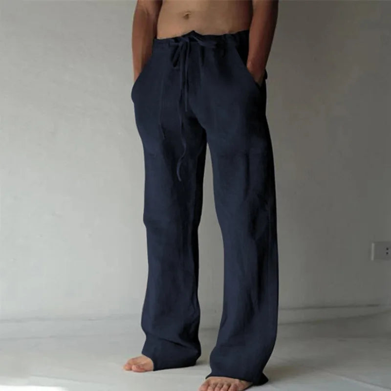 Men's Cotton Linen Long Pants Summer Solid Color Breathable Linen Trousers Male Casual Elastic Waist Casual Pants  Men ﻿