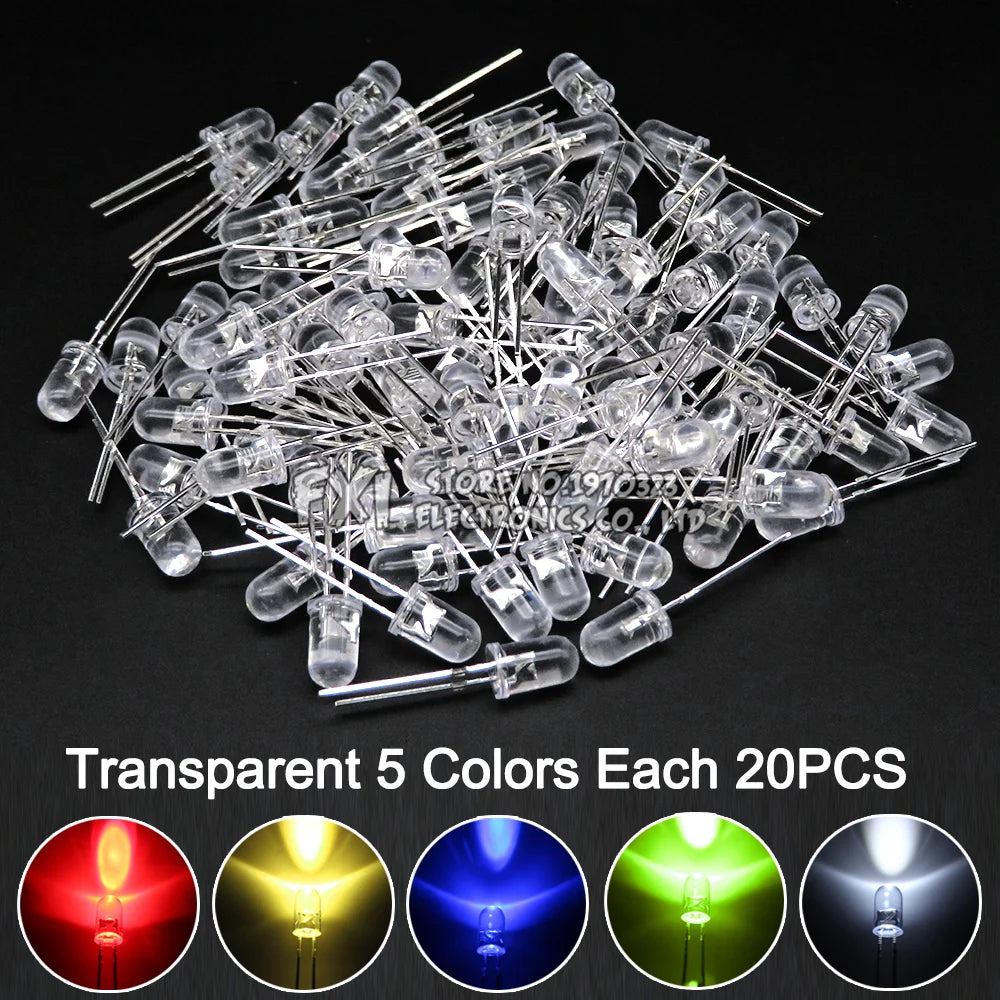100PCS F5 LED Diode 5MM Assorted Kit White Green Red Blue Yellow Orange Pink Purple Warm White DIY kit Light Emitting Diode bxv