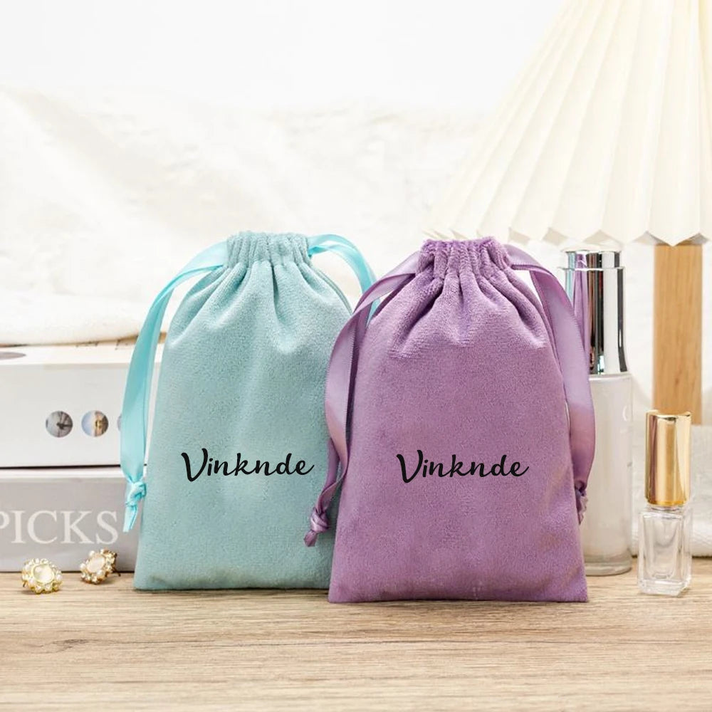 100pcs Custom Logo Jewelery Velvet Drawstring Bag Soft Champagne Velvet Suede Pouches Packaging for Wedding Party Gift Organizer