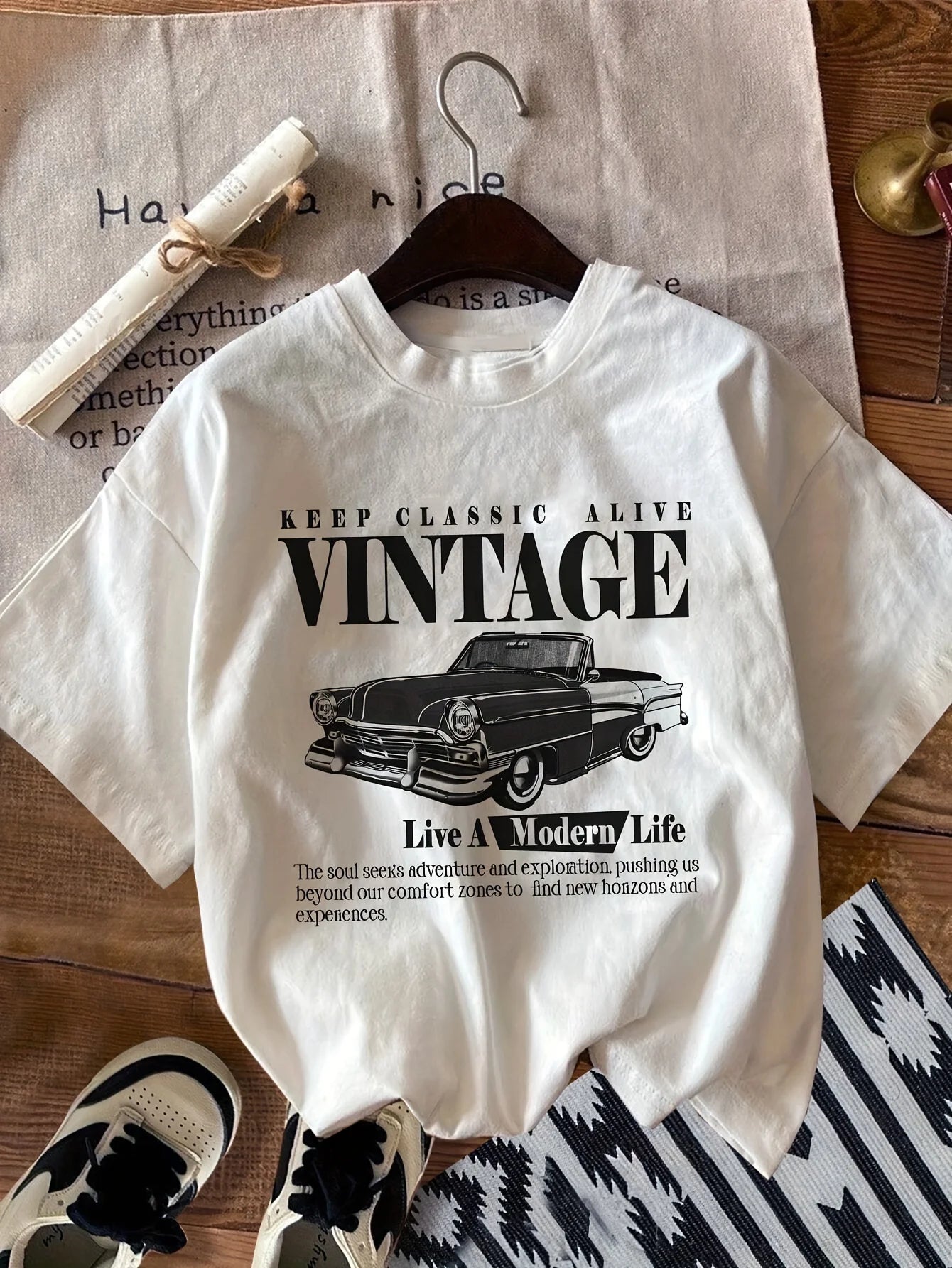 Vintage Car Print T-Shirt Medium Stretch Knit Fabric Casual Sports Style Spring/Summer Top  y2k top  women clothing