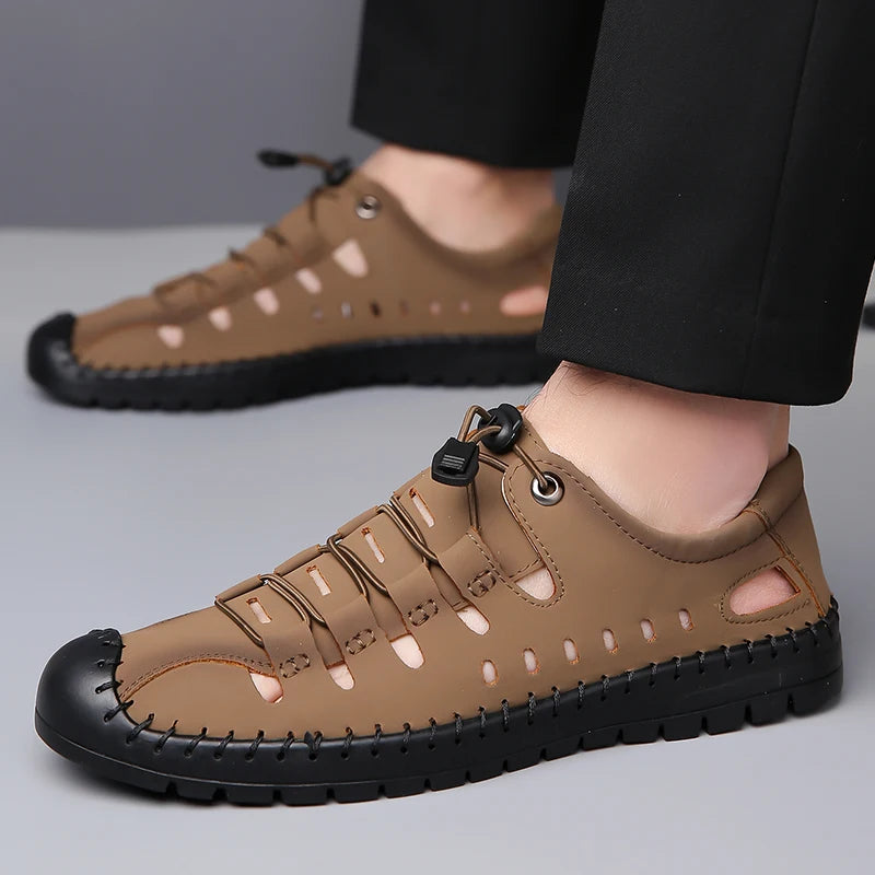 Men's Summer New Hollow out Breathable Leather Sandals Outdoor Anti-Slip Soft Bottom Casual Cover Toe Slip-On Shoes-8025