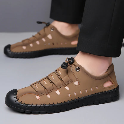Men's Summer New Hollow out Breathable Leather Sandals Outdoor Anti-Slip Soft Bottom Casual Cover Toe Slip-On Shoes-8025