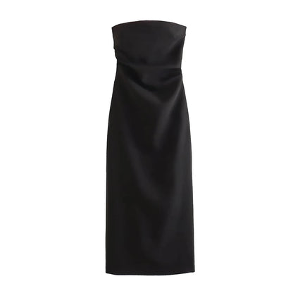Women Fashion Strapless Gathered Midi Dress Sexy Straight Neck Back Slit Female Dresses Vestidos Mujer