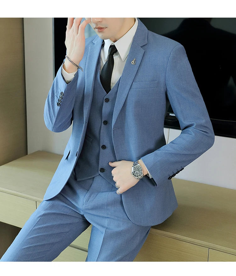 High-End Men's Wedding Suit 3-Piece Set Handsome Banquet Smart Casual Fashionable Three-Quarter Length Vest Trousers Four Season