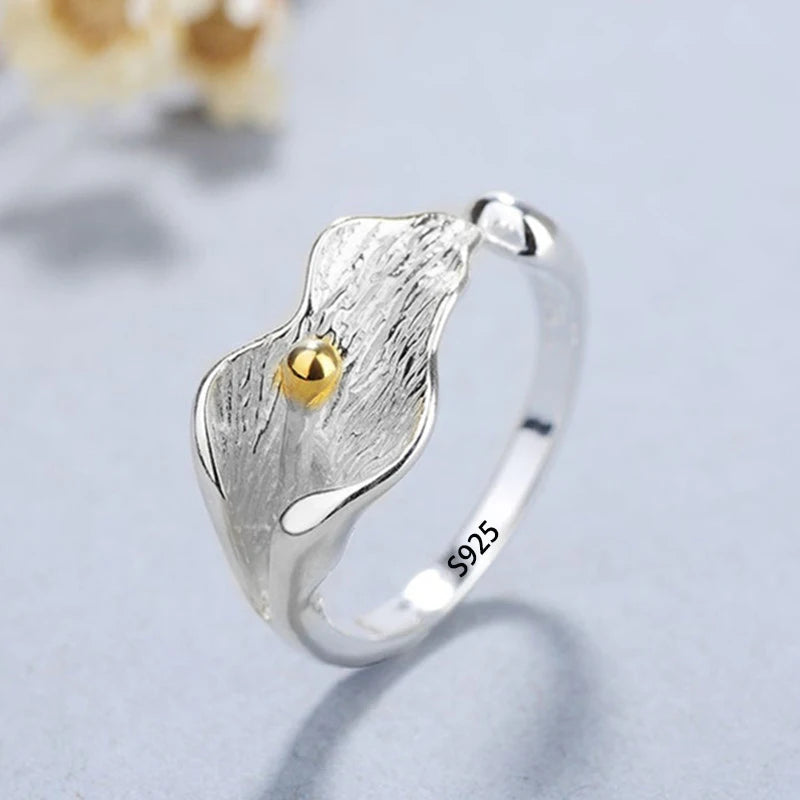 PANJBJ 925 Sterling Silver Lotus Ring For Women Retro TextureJewelry Irregular Creativity Adjustable Jewelry Party Gift Dropship